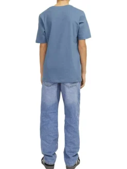 T-shirt en coton bleu avec col rond, manches courtes et logo orange et blanc