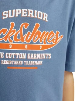T-shirt en coton bleu avec col rond, manches courtes et logo orange et blanc