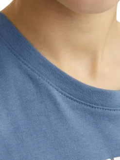 T-shirt en coton bleu avec col rond, manches courtes et logo orange et blanc