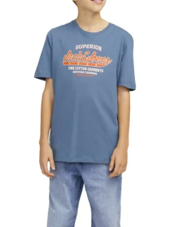 T-shirt en coton bleu avec col rond, manches courtes et logo orange et blanc
