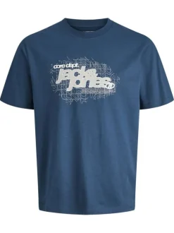 T-shirt en coton bleu avec logo gris imprimé et une coupe droite