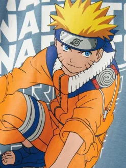 T-shirt en coton bleu chiné imprimé à l'avant avec une coupe droite