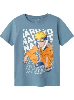 T-shirt en coton bleu chiné imprimé à l'avant avec une coupe droite