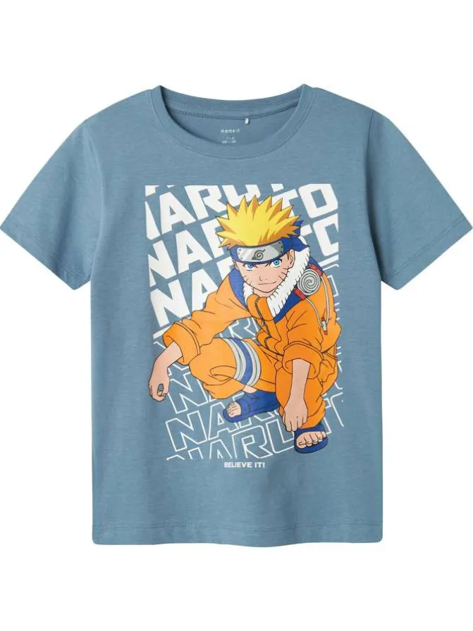 T-shirt en coton bleu chiné imprimé à l'avant avec une coupe droite