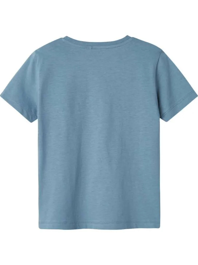 T-shirt en coton bleu chiné imprimé à l'avant avec une coupe droite