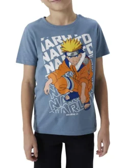 T-shirt en coton bleu chiné imprimé à l'avant avec une coupe droite