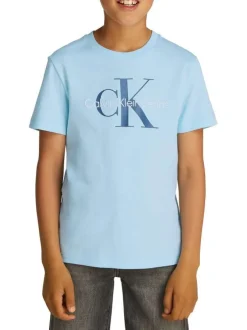 T-shirt en coton bleu ciel avec le logo imprimé en gros et un col rond