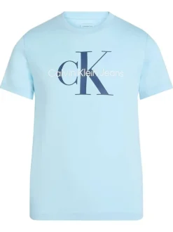 T-shirt en coton bleu ciel avec le logo imprimé en gros et un col rond