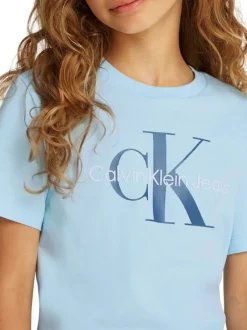 T-shirt en coton bleu ciel avec le logo imprimé en gros et un col rond