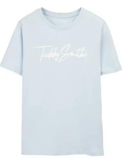 T-shirt en coton bleu clair à coupe droite pourvu d'un col rond