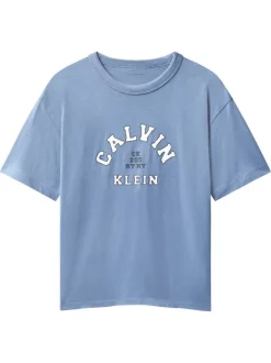 T-shirt en coton bleu imprimé logo à coupe droite et à col rond