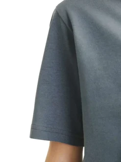 T-shirt en coton bleu imprimé rouge et blanc à col rond et coupe ample