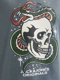 T-shirt en coton bleu imprimé rouge et blanc à col rond et coupe ample