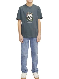T-shirt en coton bleu imprimé rouge et blanc à col rond et coupe ample