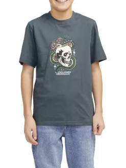 T-shirt en coton bleu imprimé rouge et blanc à col rond et coupe ample