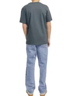 T-shirt en coton bleu imprimé rouge et blanc à col rond et coupe ample
