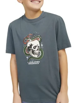 T-shirt en coton bleu imprimé rouge et blanc à col rond et coupe ample