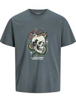 T-shirt en coton bleu imprimé rouge et blanc à col rond et coupe ample