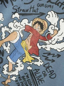 T-shirt en coton bleu imprimé à l'avant et sur la manche avec une coupe droite