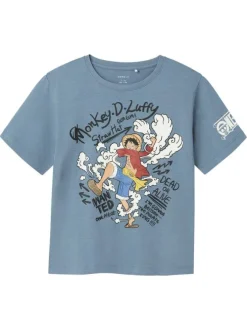 T-shirt en coton bleu imprimé à l'avant et sur la manche avec une coupe droite