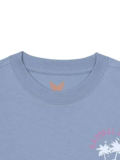 T-shirt en coton bleu imprimé au dos et à la poitrine à coupe droite