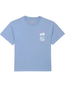 T-shirt en coton bleu imprimé au dos et à la poitrine à coupe droite