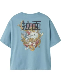 T-shirt en coton bleu imprimé avec une coupe droite et un col rond