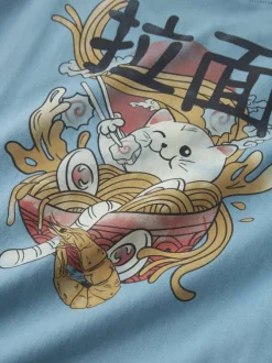 T-shirt en coton bleu imprimé avec une coupe droite et un col rond