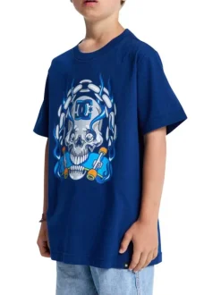 T-shirt en coton bleu électrique uni avec une coupe droite et un col rond