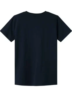 T-shirt en coton bleu marine imprimé à l'avant avec une coupe droite