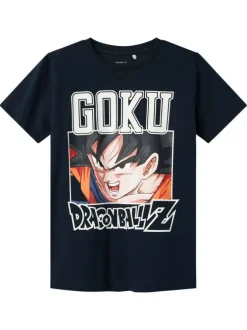 T-shirt en coton bleu marine imprimé à l'avant avec une coupe droite
