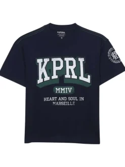 T-shirt en coton bleu marine imprimé style collège à coupe droite et col rond