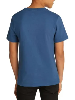 T-shirt en coton bleu uni avec un col rond et le logo de la marque imprimé