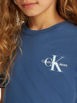 T-shirt en coton bleu uni avec un col rond et le logo de la marque imprimé