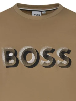 T-shirt en coton camel à imprimé avec une coupe droite et un col rond