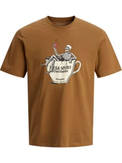 T-shirt en coton camel avec un squelette imprimé et un col rond