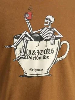 T-shirt en coton camel avec un squelette imprimé et un col rond