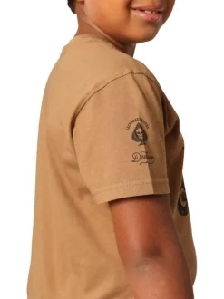 T-shirt en coton camel imprimé avec un col rond et des manches courtes