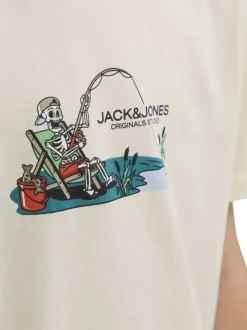T-shirt en coton écru avec un imprimé squelette et un col rond