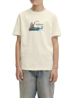 T-shirt en coton écru avec un imprimé squelette et un col rond