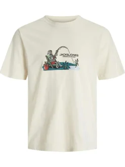 T-shirt en coton écru avec un imprimé squelette et un col rond