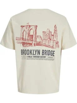 T-shirt en coton écru avec une coupe droite et un imprimé urbain