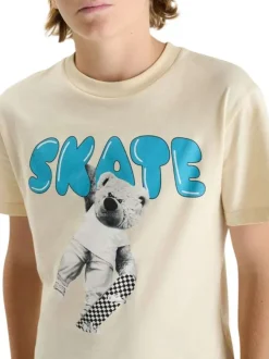 T-shirt en coton écru imprimé avec une coupe droite et un col rond