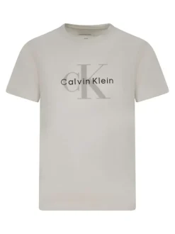 T-shirt en coton écru uni avec une coupe droite et un imprimé sur la poitrine