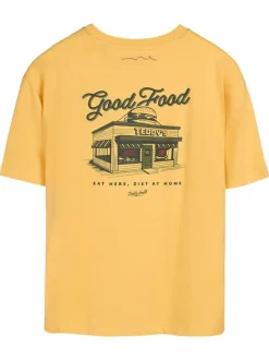 T-shirt en coton jaune à col rond imprimé hamburger à la poitrine et au dos