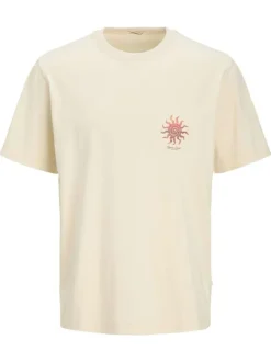 T-shirt en coton jaune uni avec un soleil et une coupe droite à col rond