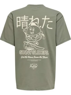 T-shirt en coton kaki à imprimé avec une coupe droite et un col rond