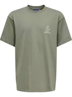 T-shirt en coton kaki à imprimé avec une coupe droite et un col rond