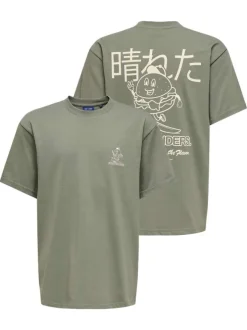 T-shirt en coton kaki à imprimé avec une coupe droite et un col rond