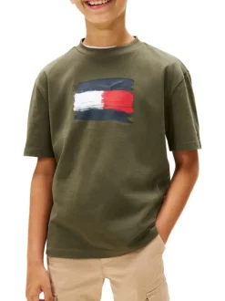 T-shirt en coton kaki à imprimé fantaisie avec un col rond